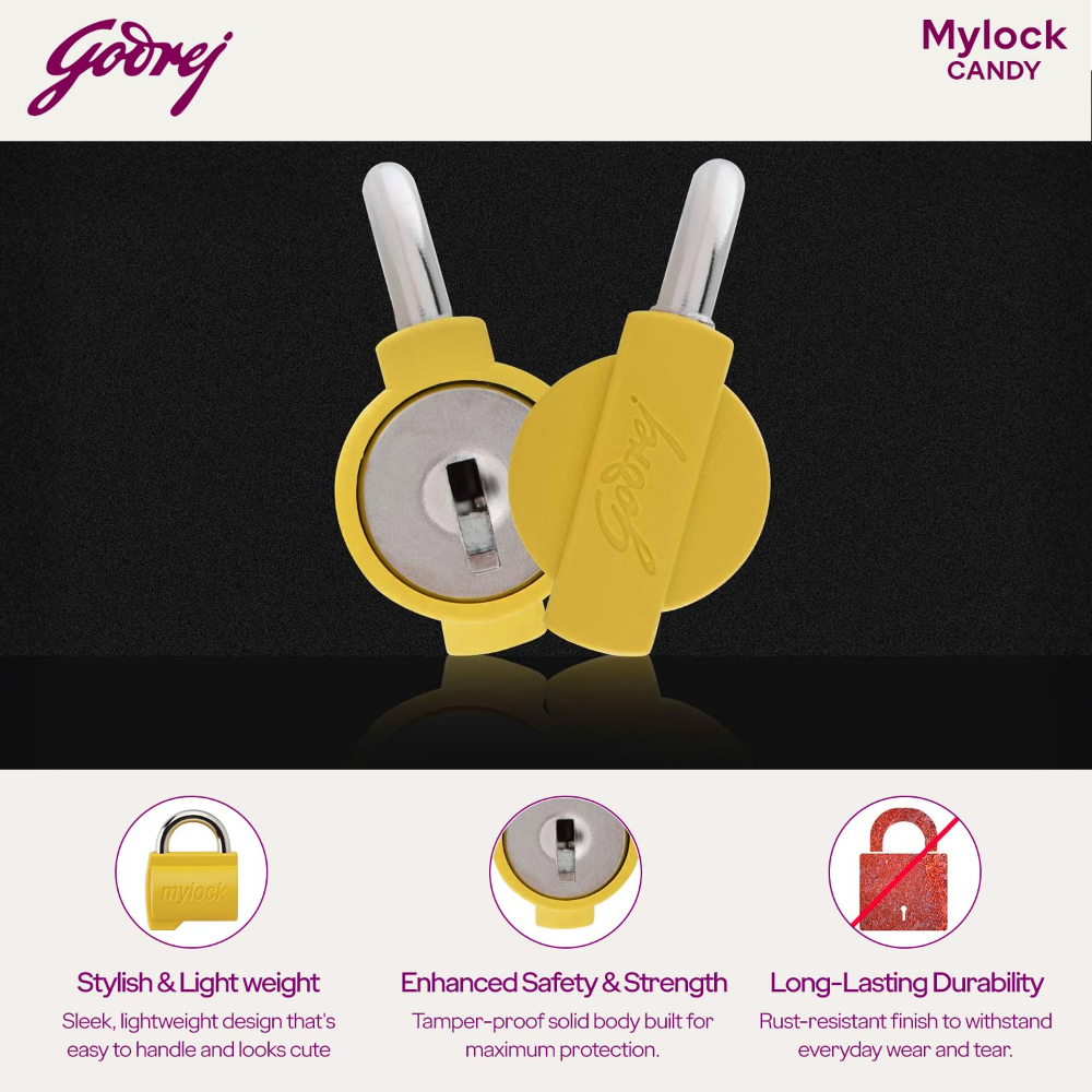 Godrej MyLock Candy Turmeric Yellow Pack of 4 | Common Keys | Self-Locking Padlock | Rust Resistant | ABS Body | Travel Lock | CPU & Bag Lock | Tamper-Proof | 1 Year Warranty